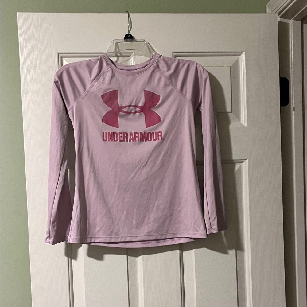 Under Armour Girls Light Pink Long Sleeve Performance Tee with Dark Pink Logo